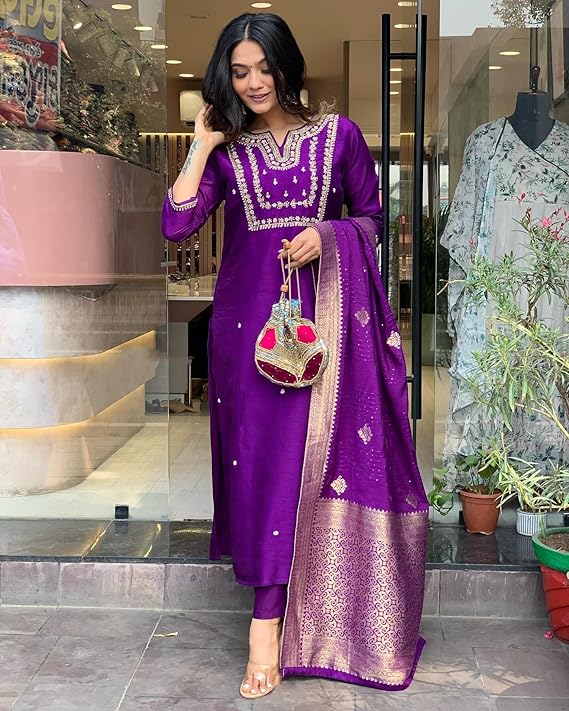GoSriKi Women's Silk Blend Straight Embroidered Kurta with Pant & Dupatta