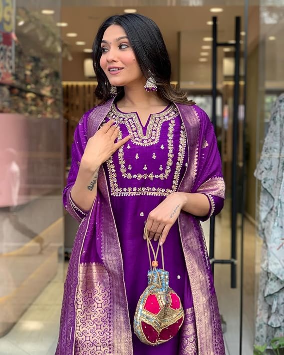 GoSriKi Women's Silk Blend Straight Embroidered Kurta with Pant & Dupatta