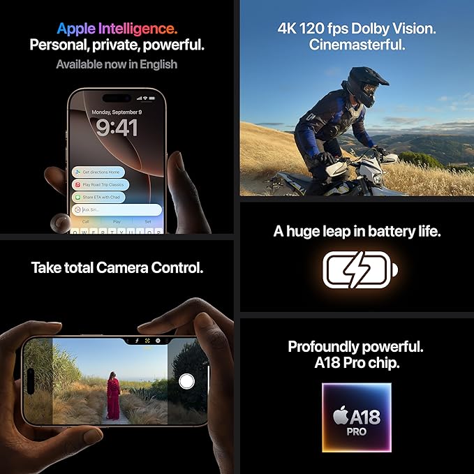 iPhone 16 Pro Max 1 TB: 5G Mobile Phone with Camera Control, 4K 120 fps Dolby Vision and a Huge Leap in Battery Life. Works with AirPods; Black Titanium